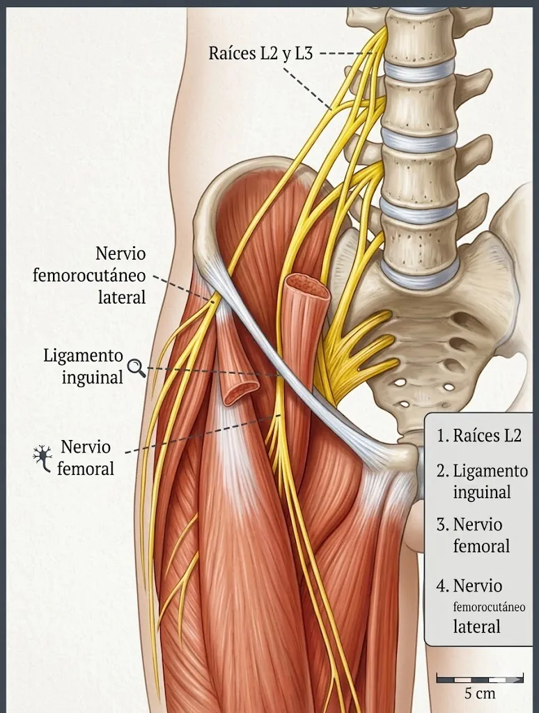 Trayecto del nervio femorocutáneo lateral en la meralgia parestésica
