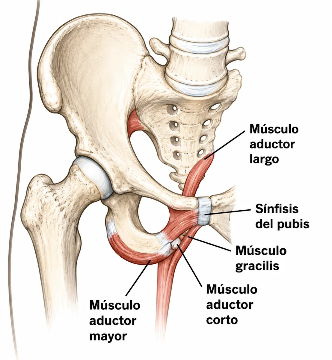 Pelvis ósea con origen de la musculatura aductora