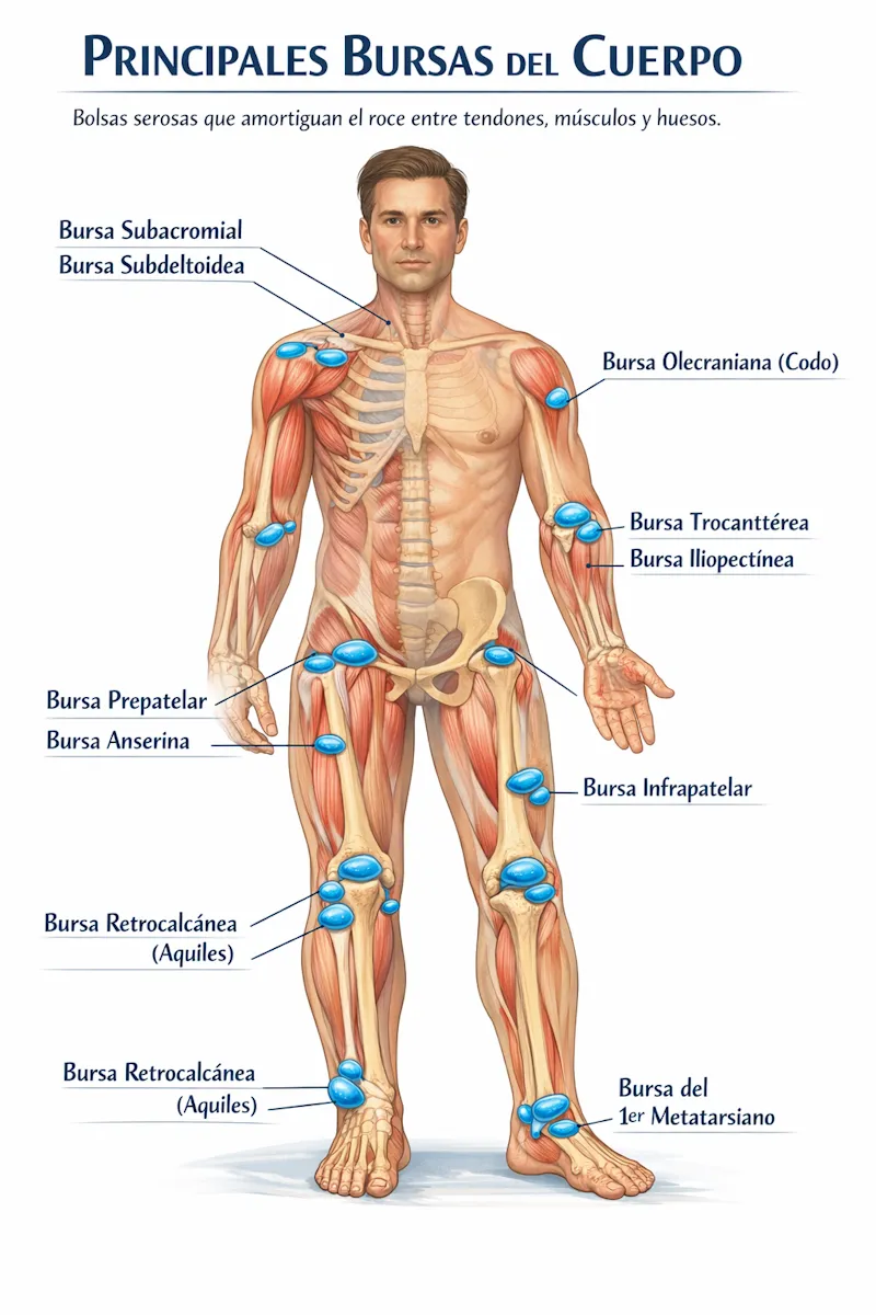 Esquema anatómico de las principales bursas del cuerpo