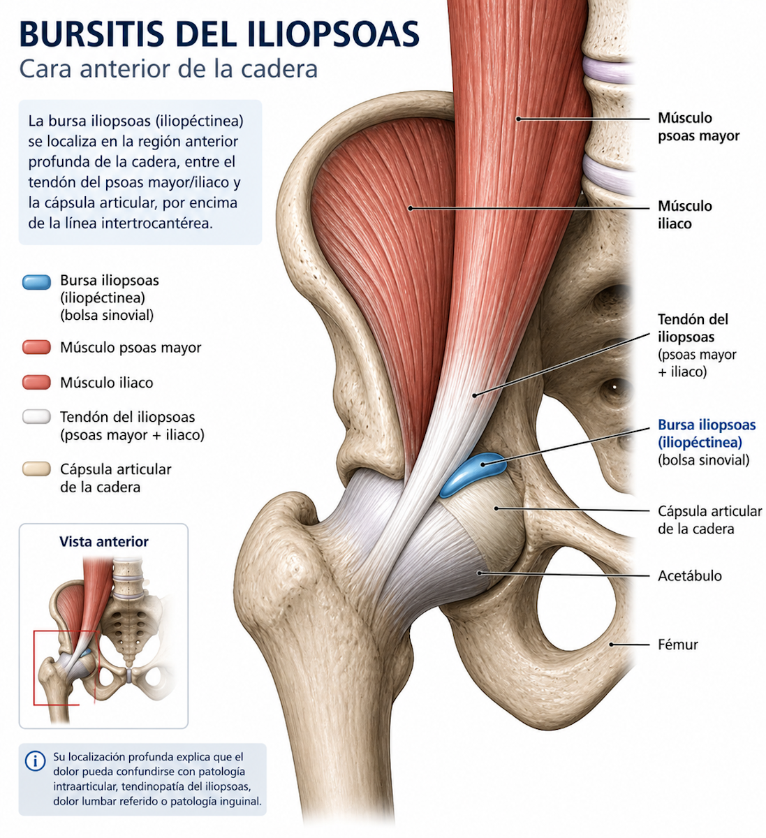 Bursitis del iliopsoas en la cara anterior de la cadera