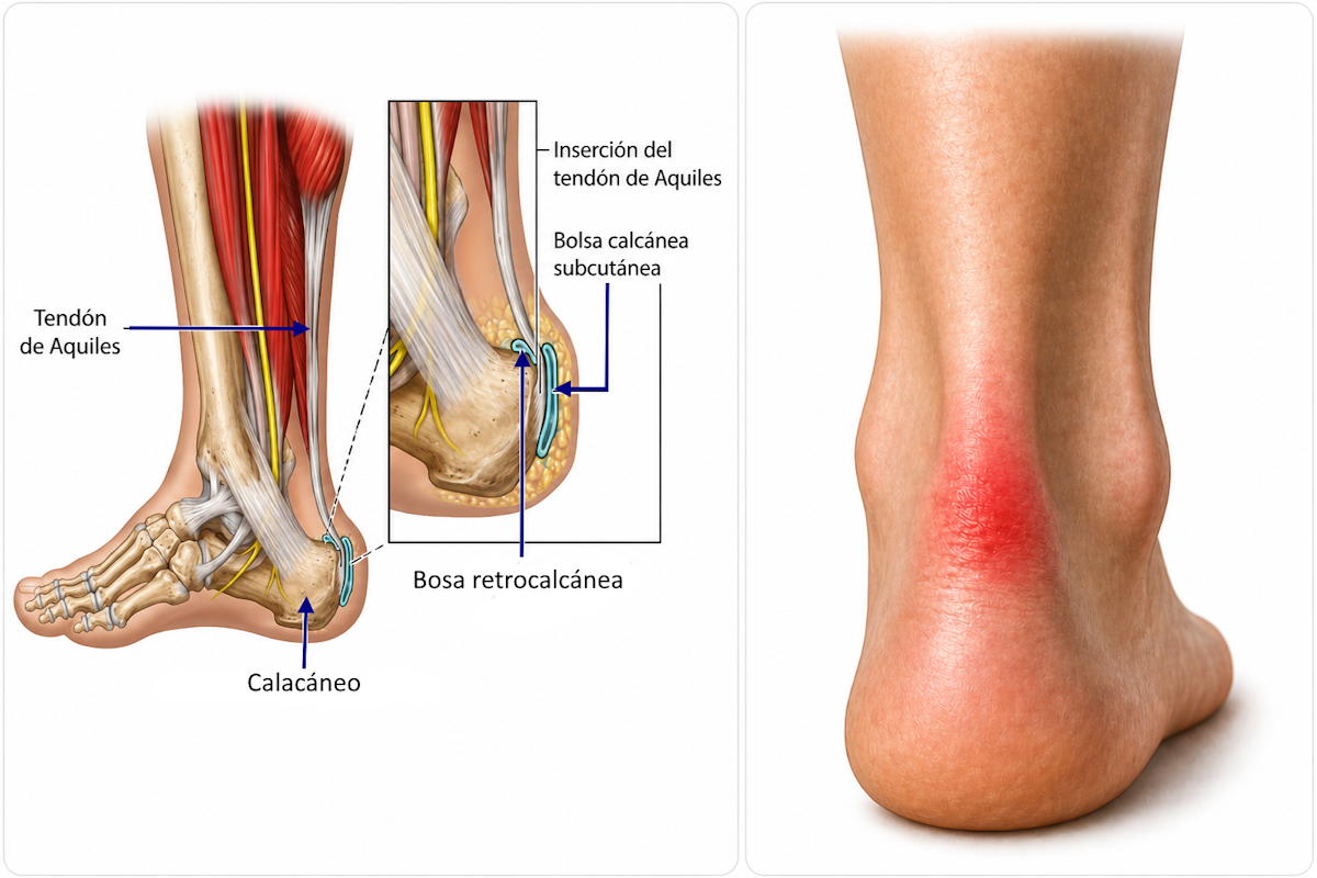Bursitis retrocalcánea entre el tendón de Aquiles y el calcáneo