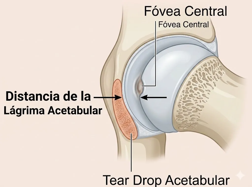 Representación de la distancia teardrop en una radiografía de pelvis