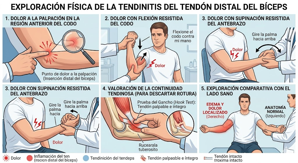 Exploración clínica de la tendinitis distal del bíceps braquial con palpación anterior del codo, flexión resistida, supinación resistida y comparación bilateral