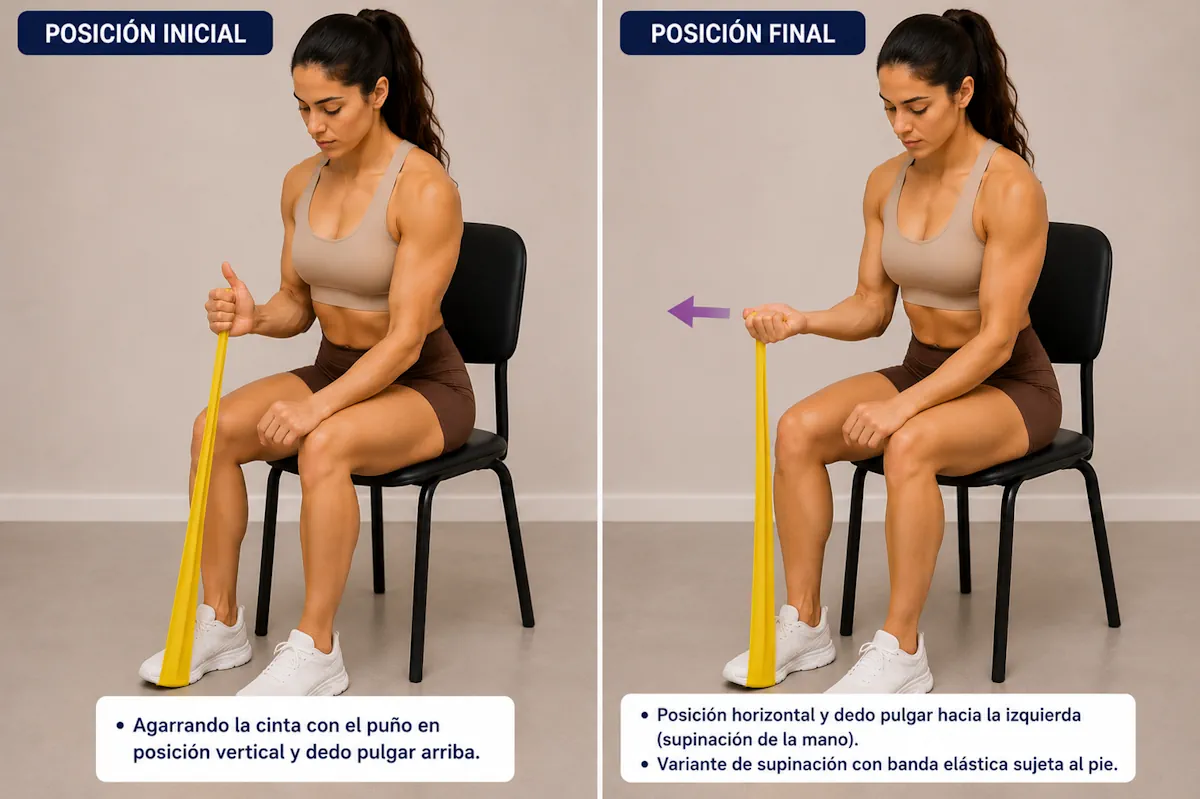 Supinación con banda elástica sujeta al pie