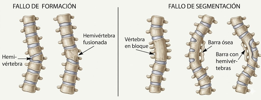 Ilustración de las principales anomalías vertebrales en la escoliosis congénita