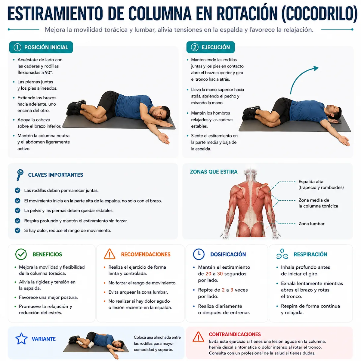 Estiramiento de columna en rotación tipo cocodrilo