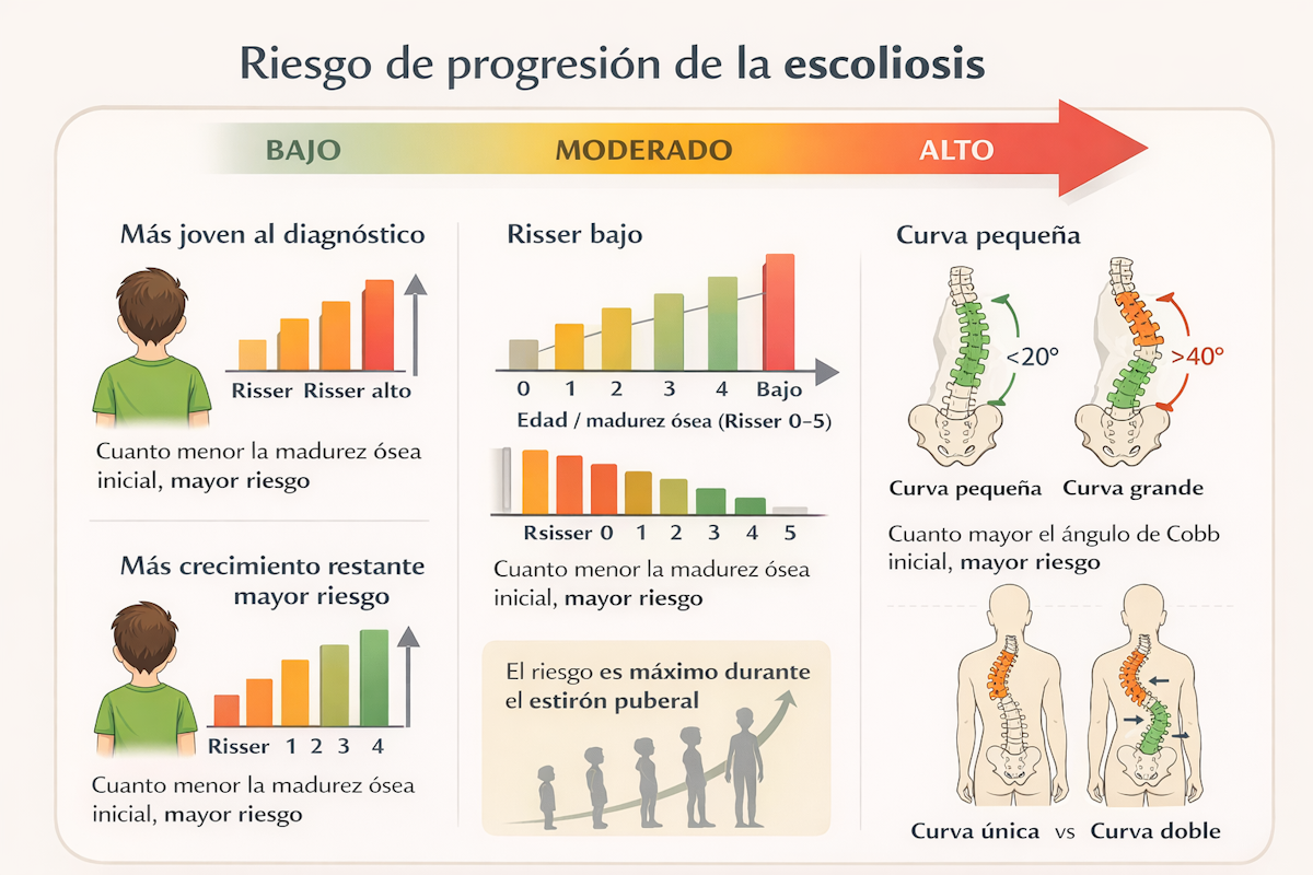 Gráfico de progresión de la curva escoliótica según edad y madurez ósea
