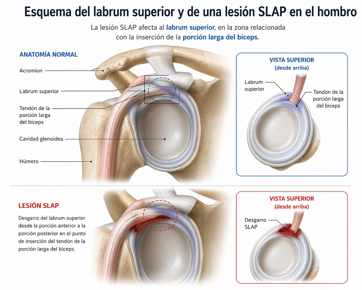 Esquema del labrum superior y de una lesión SLAP en el hombro
