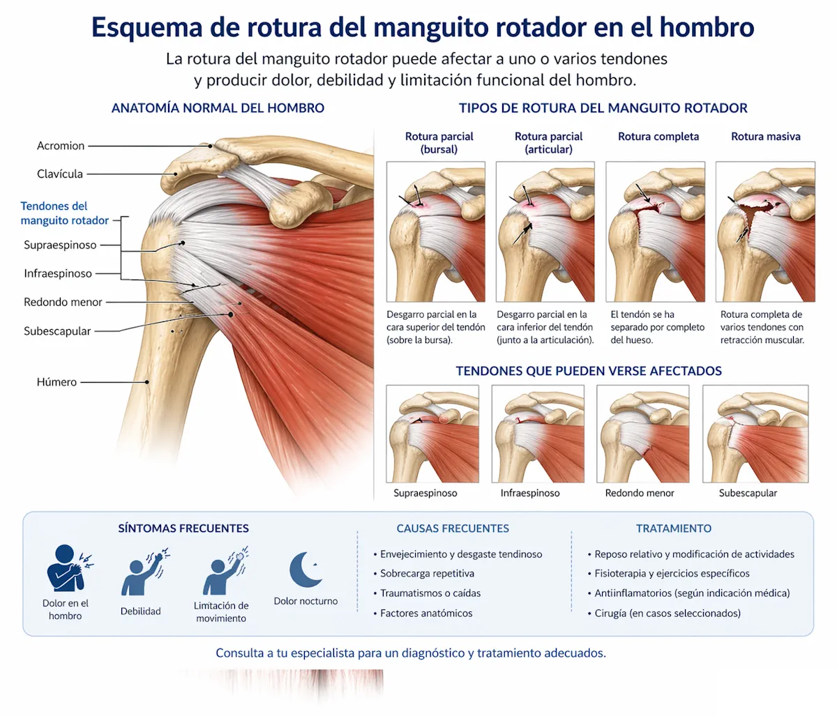 Esquema de rotura del manguito rotador en el hombro