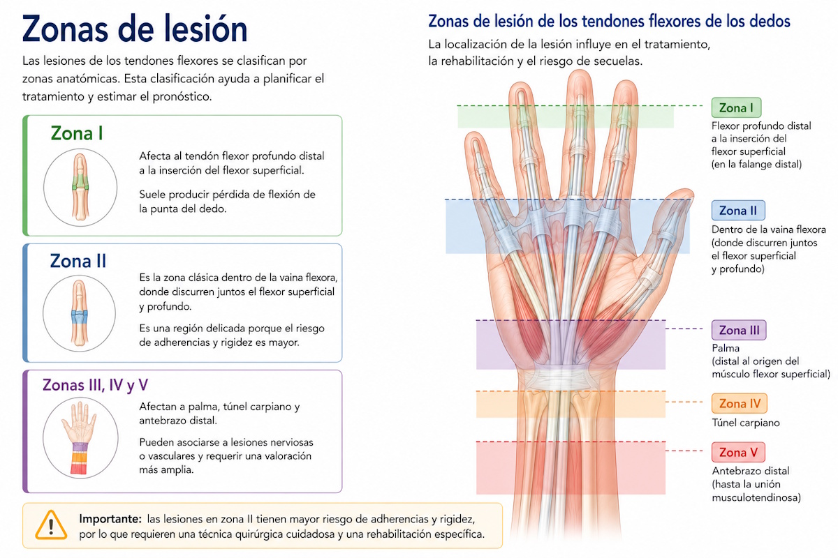 Zonas de lesión de los tendones flexores de los dedos