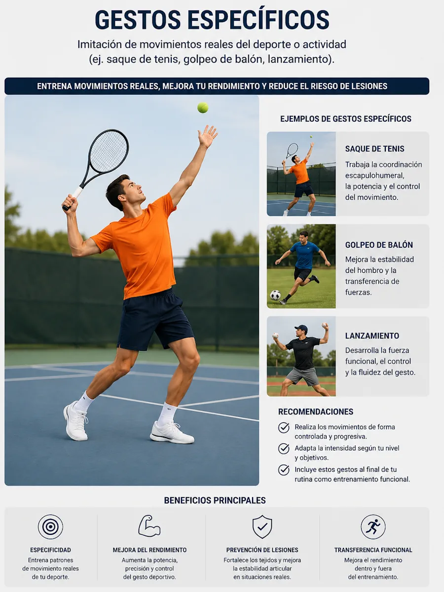 Ejercicio funcional de hombro con gesto de tenis