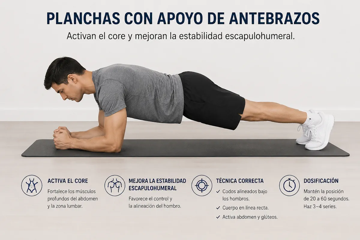 Plancha con antebrazos para estabilidad del hombro