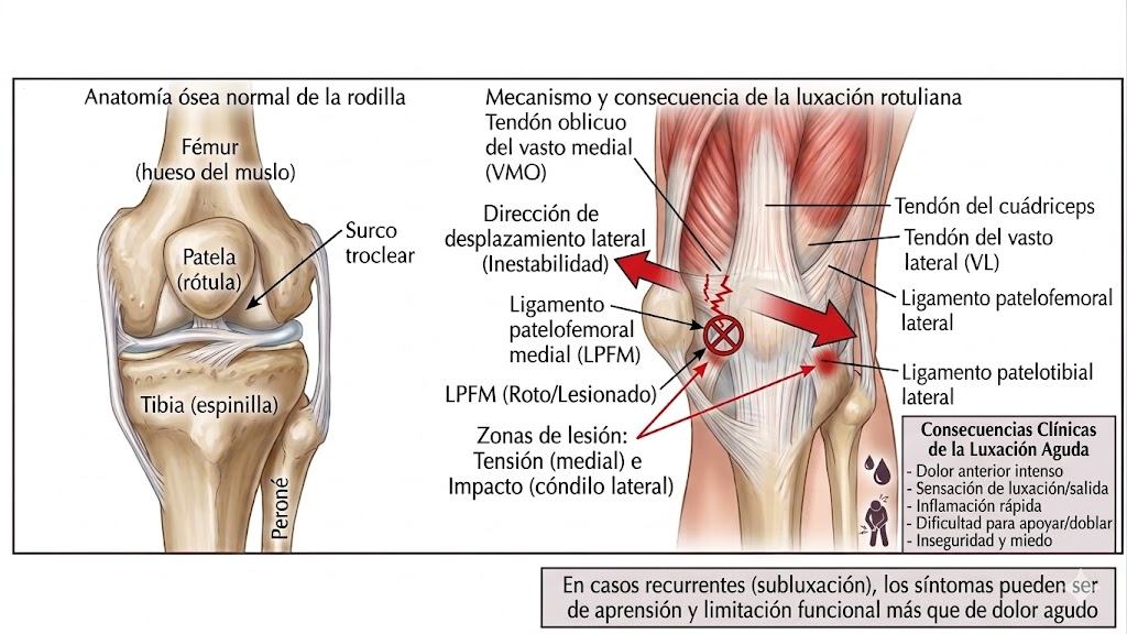 Desplazamiento lateral de la rótula en una luxación rotuliana